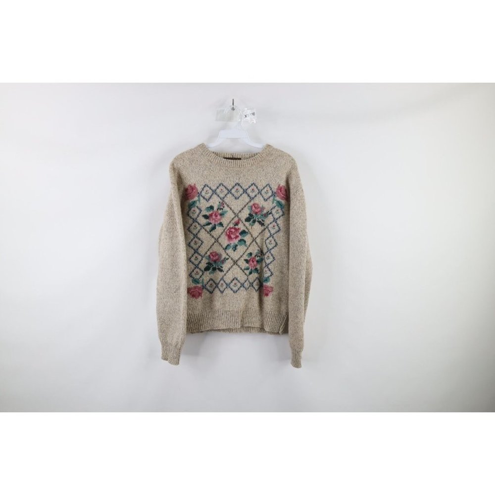Vintage 90s Eddie Bauer Womens Small Distressed Wool Knit Quilt Rose Sweater